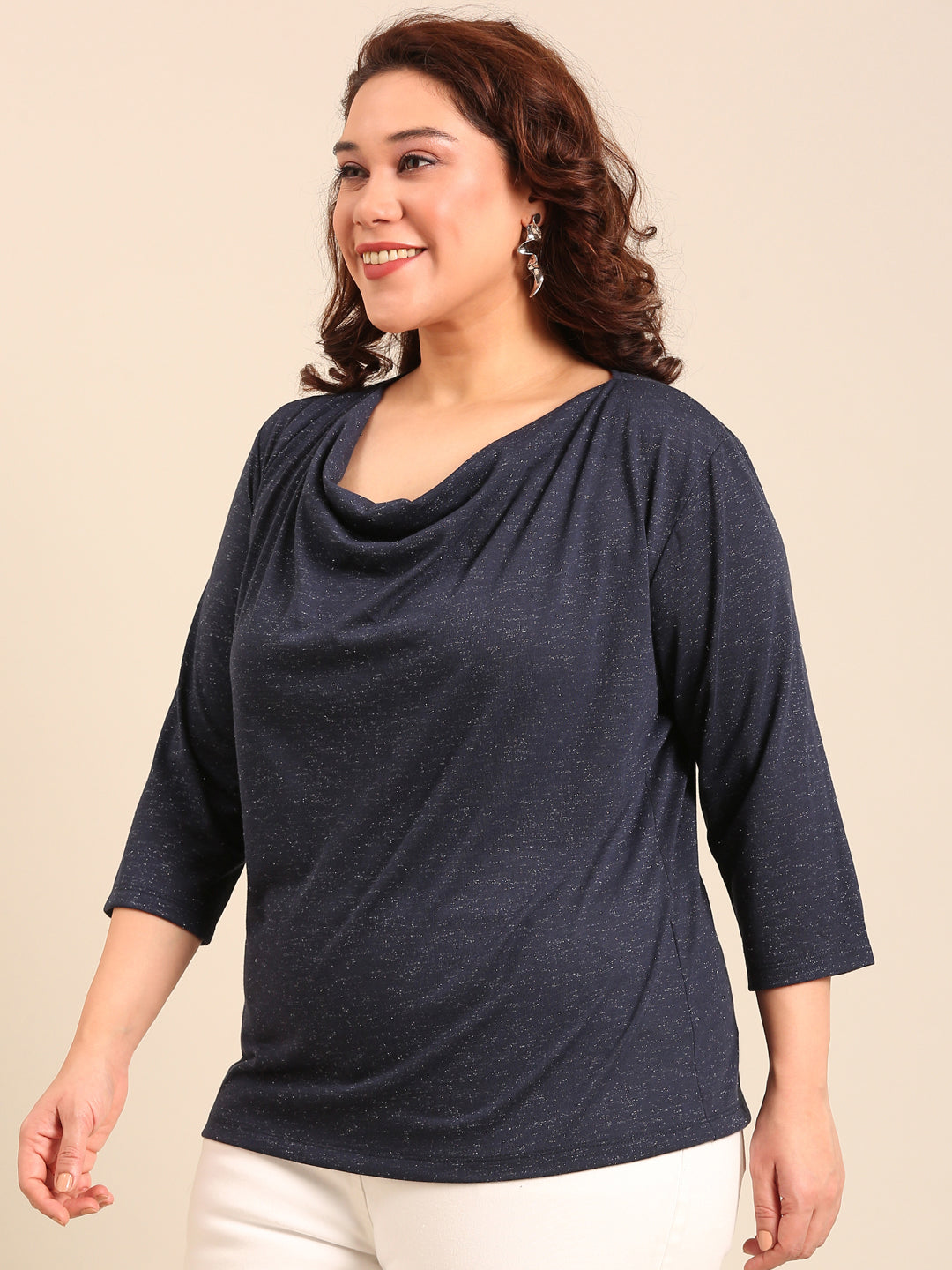 Navy Lurex Viscose Cowl Neck Top