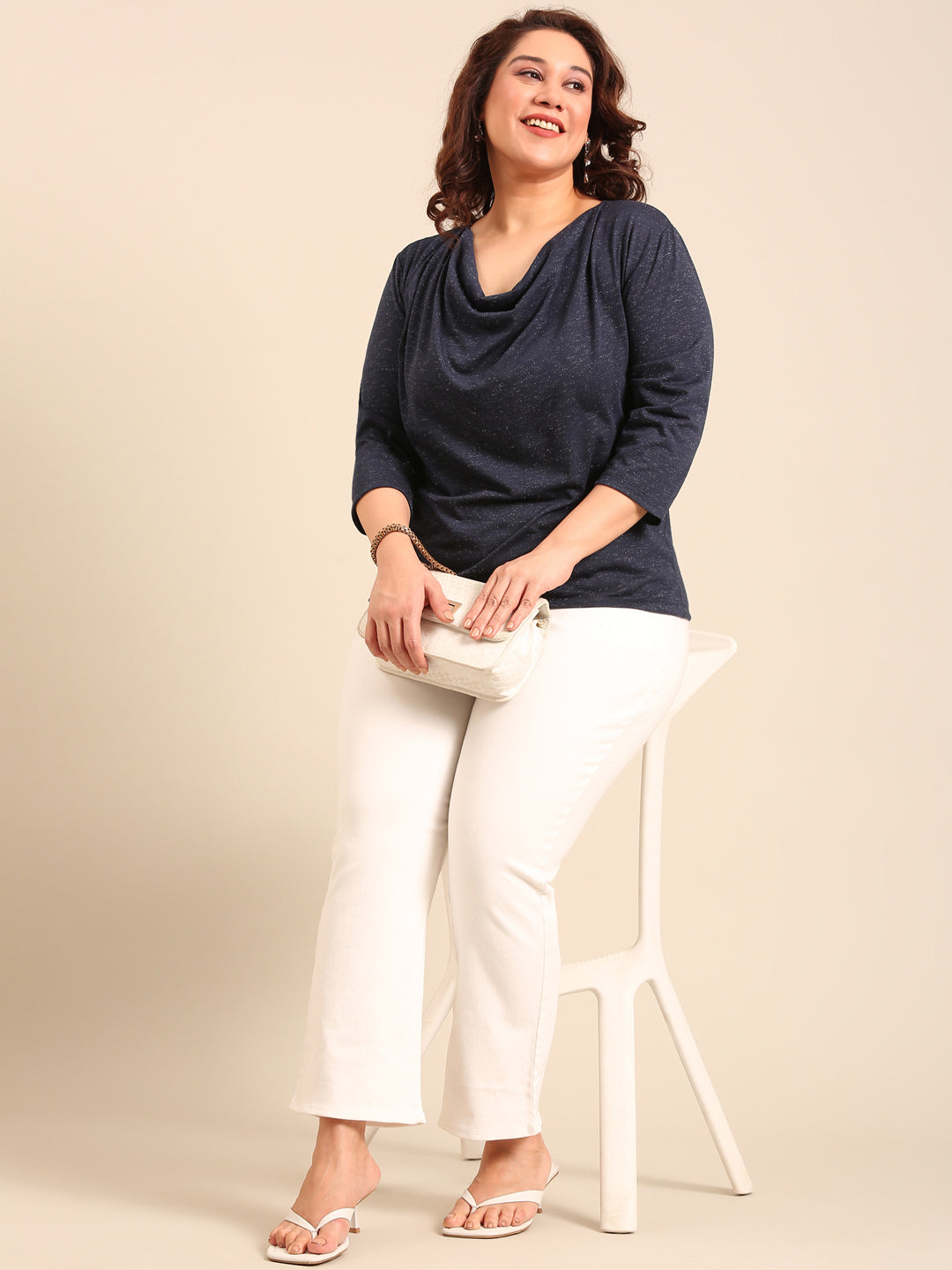 Navy Lurex Viscose Cowl Neck Top