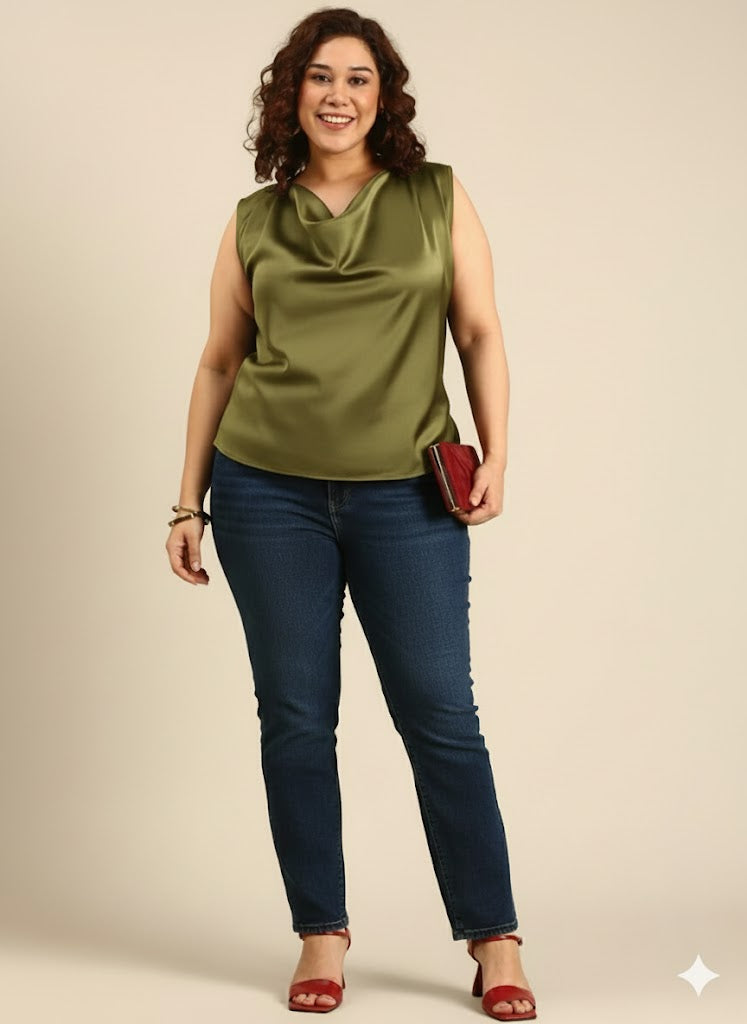 Olive Satin Cowlneck Top