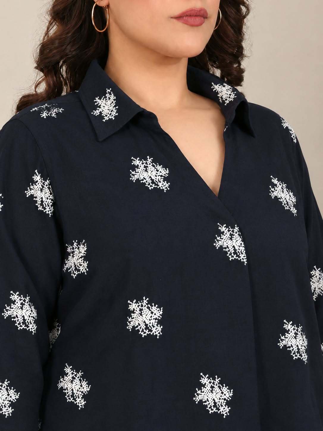 Navy-White Embroidered Collar Neck Top
