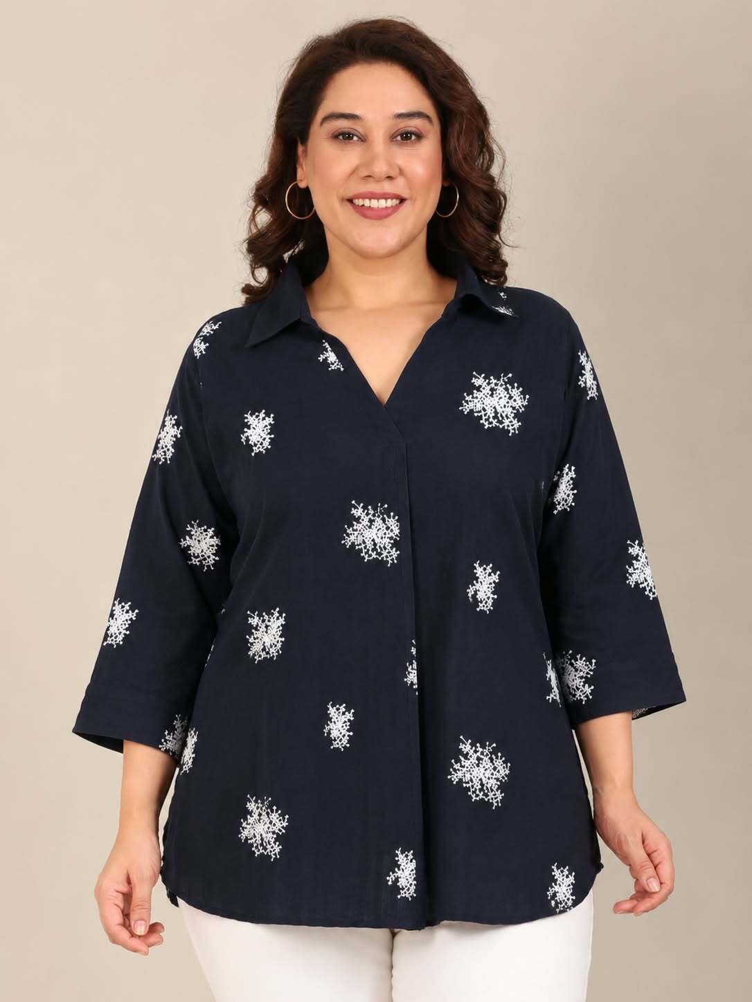 Navy-White Embroidered Collar Neck Top