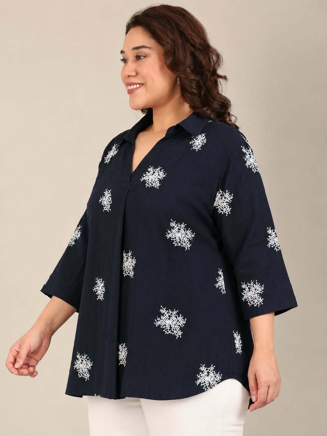 Navy-White Embroidered Collar Neck Top