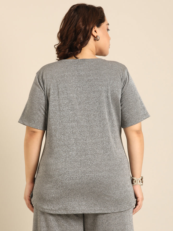 Grey Shimmer Round Neck Top