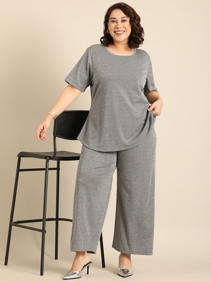 Grey Shimmer Round Neck Top