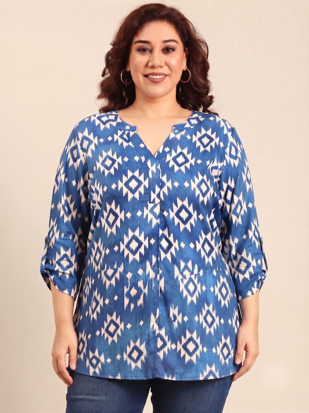 Cobalt Ikkat Printed V-Neck Top