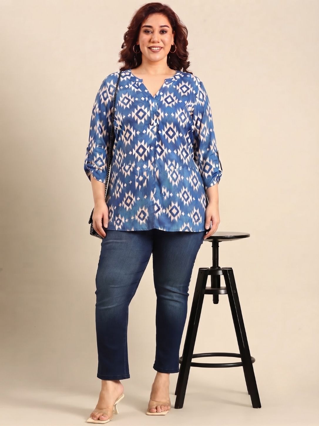 Cobalt Ikkat Printed V-Neck Top