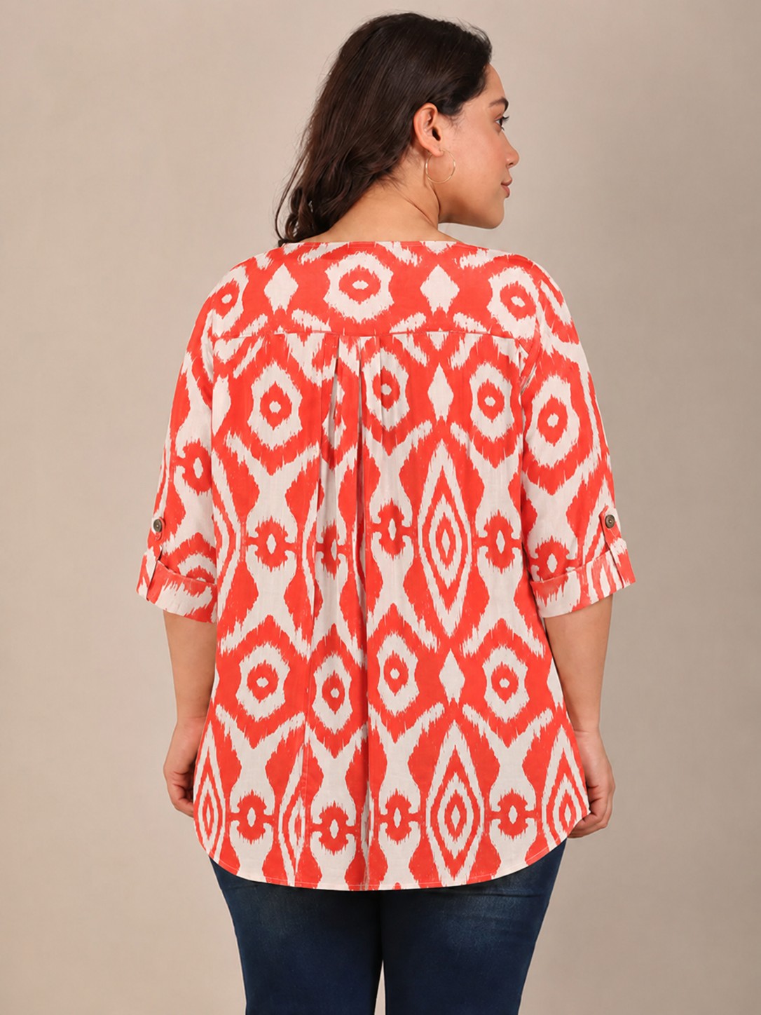 Orange Ikkat Printed V-Neck Top