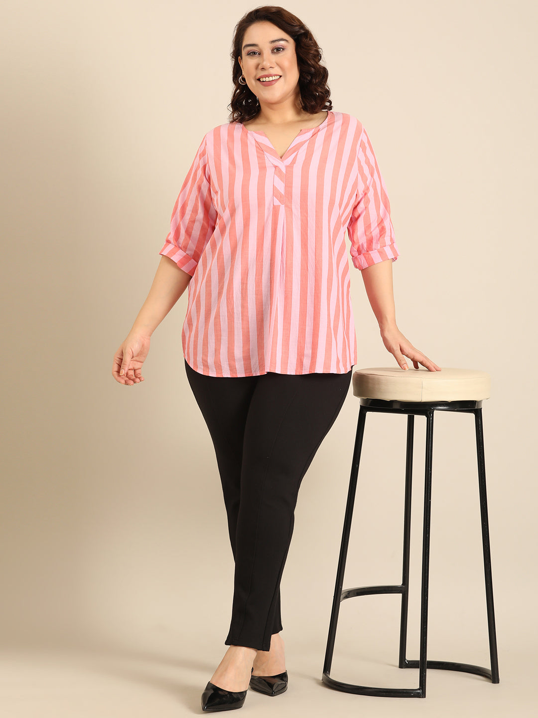 Cotton Stripe V-Neck Top