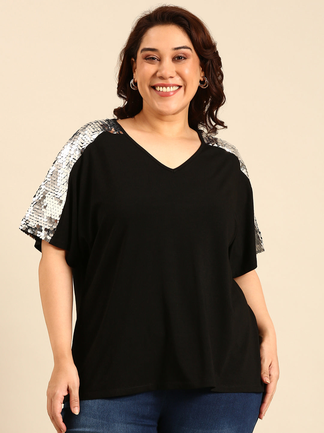 Silver Sequin Embellished Black Top