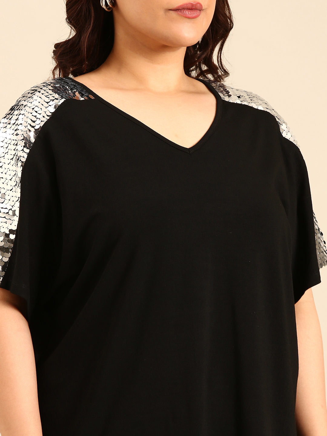 Silver Sequin Embellished Black Top
