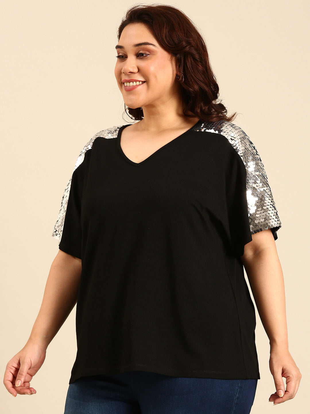 Silver Sequin Embellished Black Top