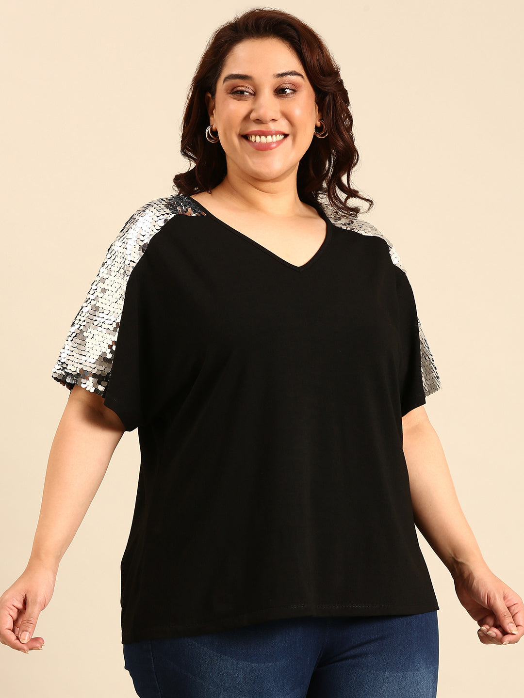 Silver Sequin Embellished Black Top