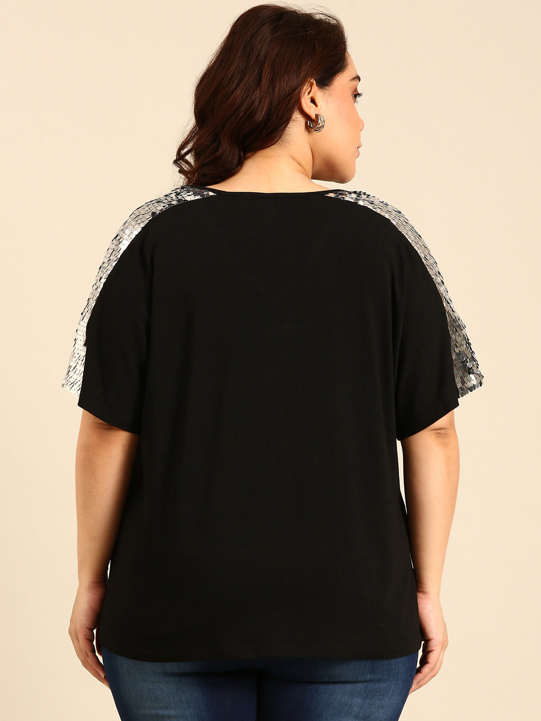 Silver Sequin Embellished Black Top