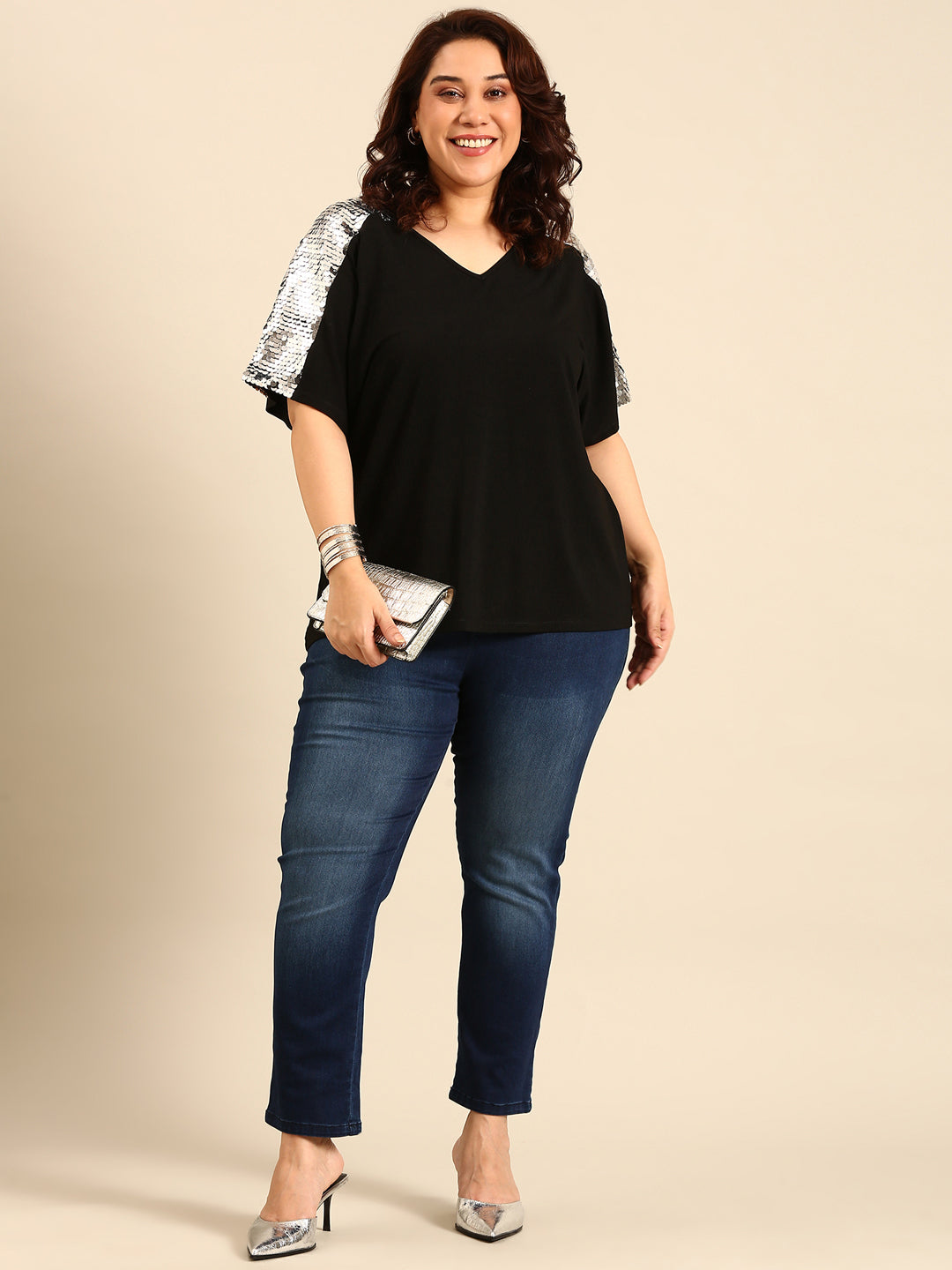 Silver Sequin Embellished Black Top