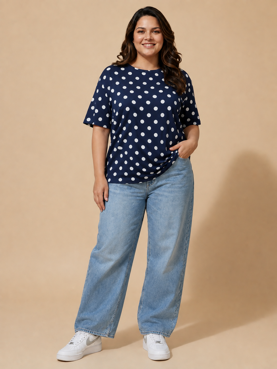 Navy Blue Polka Dot Oversized T-Shirt