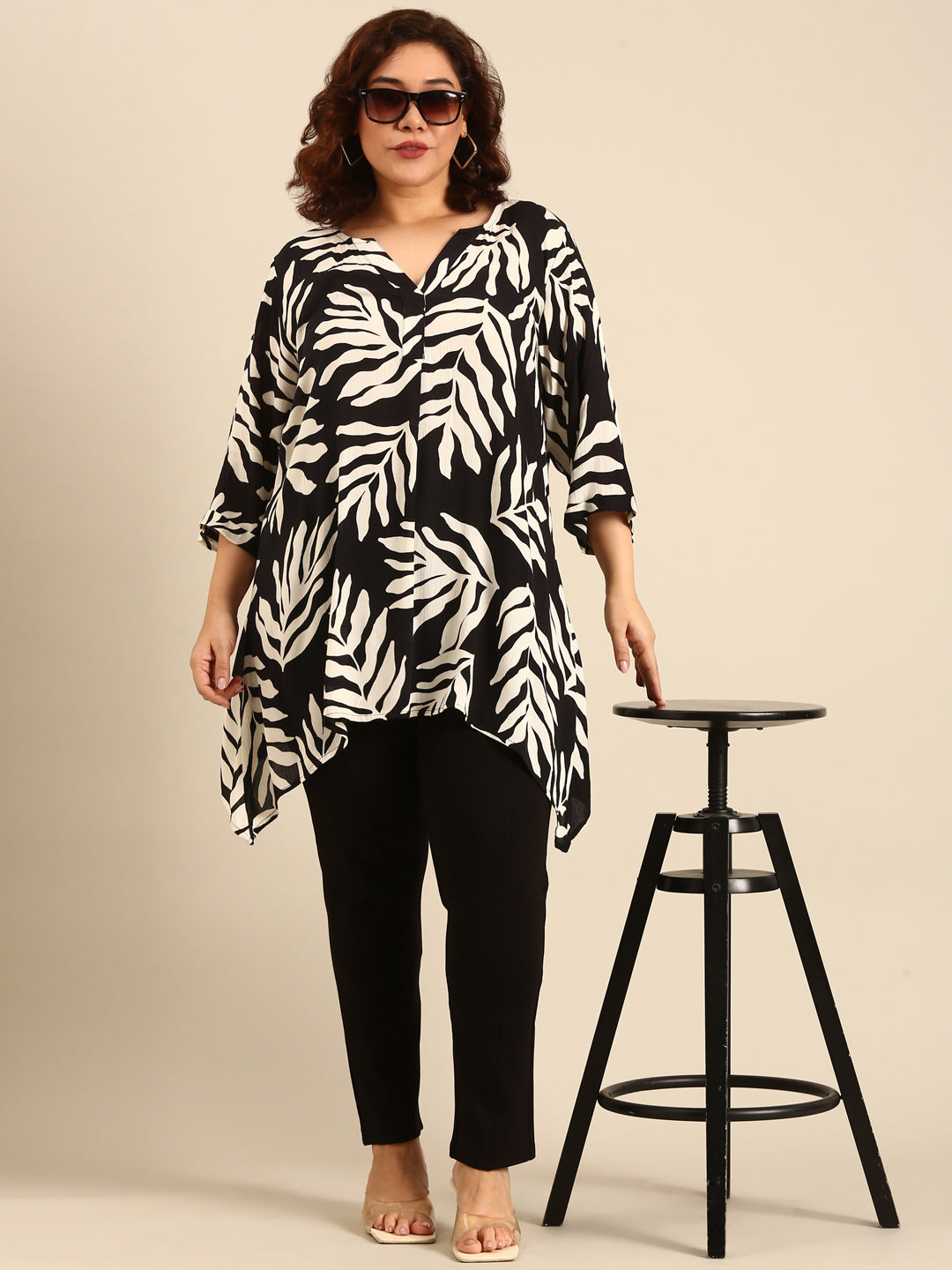 Beige Leaf Printed Tunic