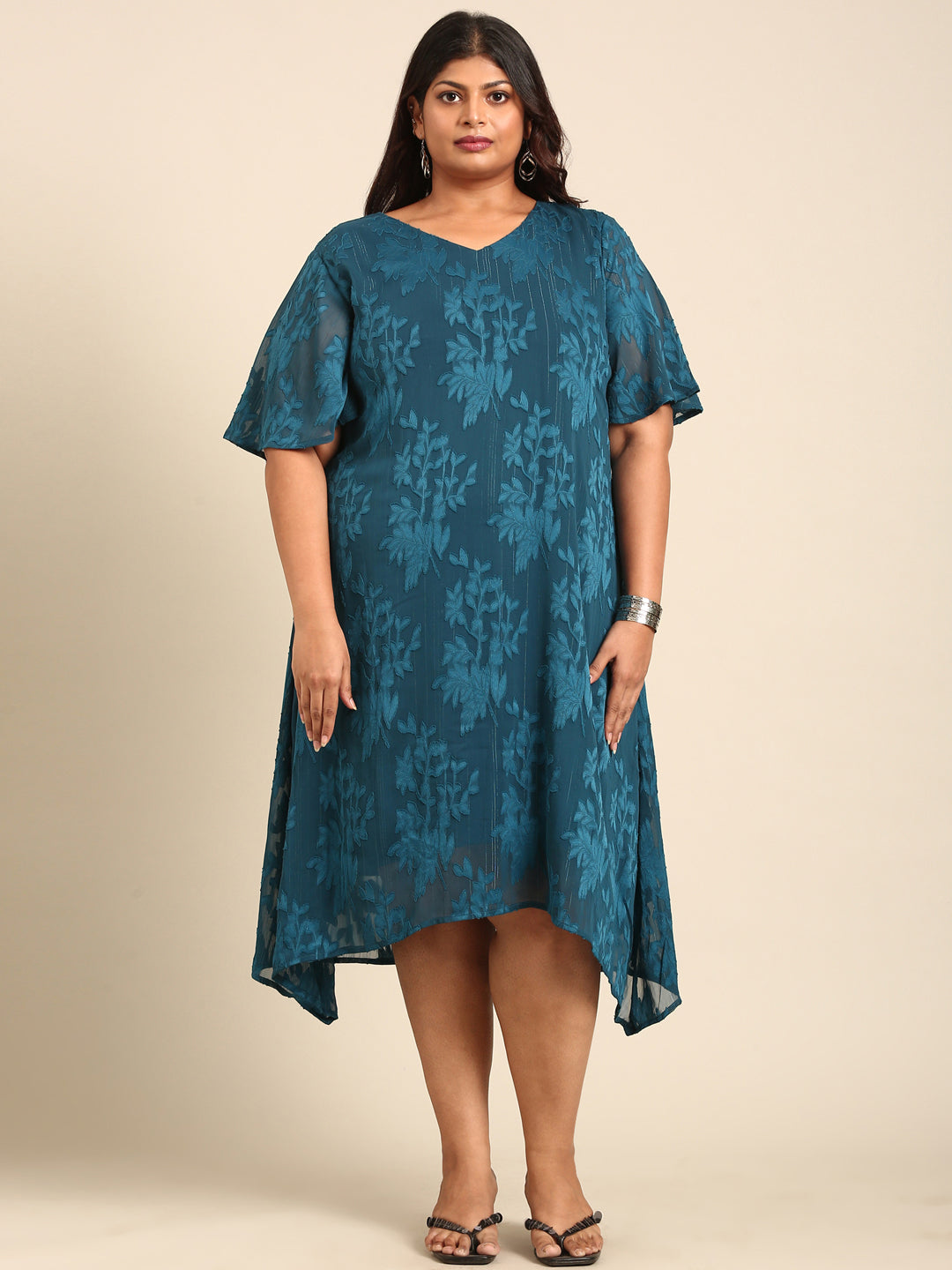 Teal Floral Jacquard A-Line Dress