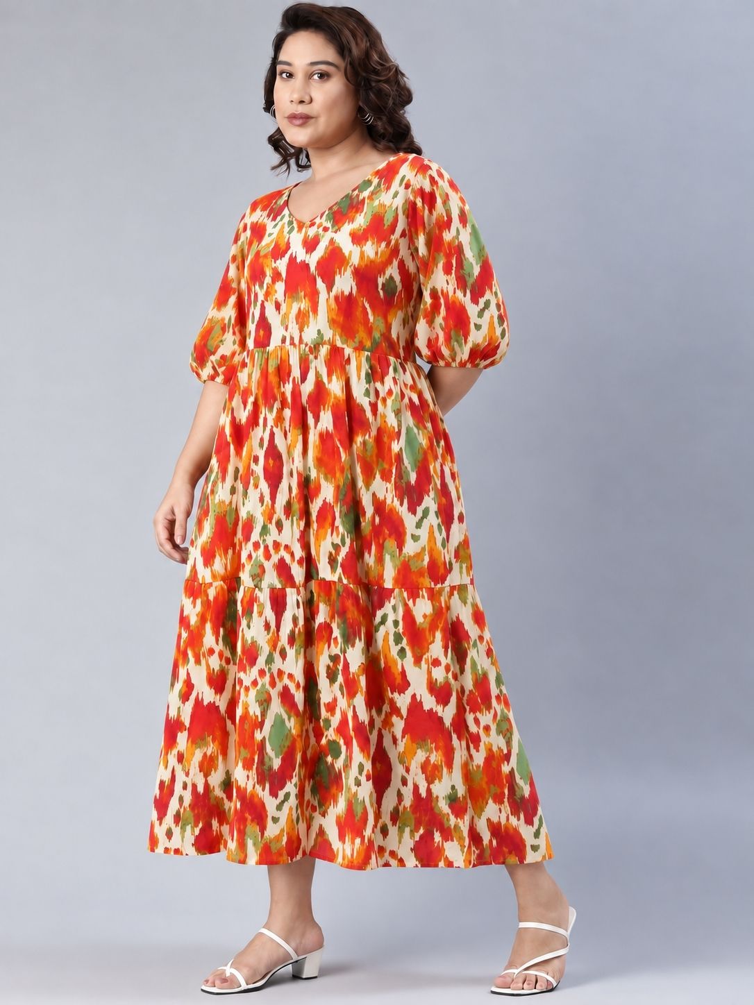 Vibrant Orange Ikat Tiered Maxi Dress