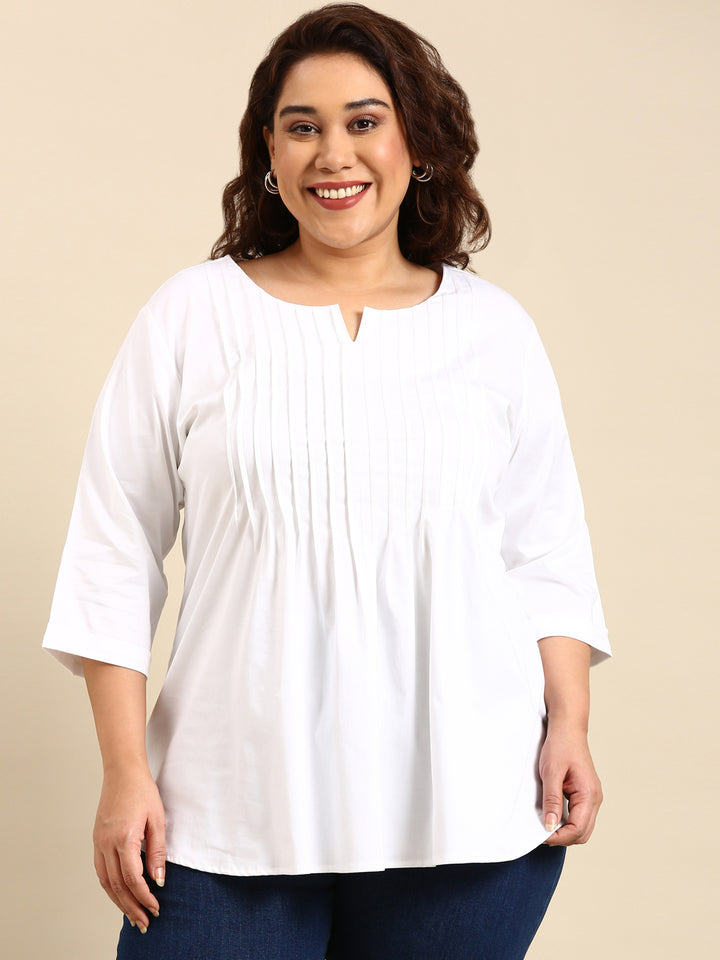 WHITE SOLID PIN TUCK TOP