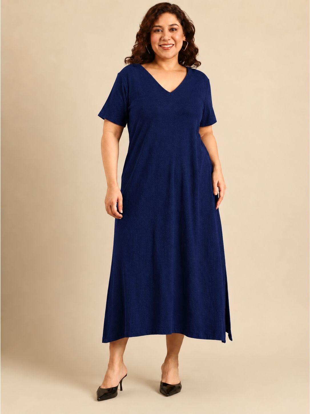 Navy Rib Cotton A-Line Dress