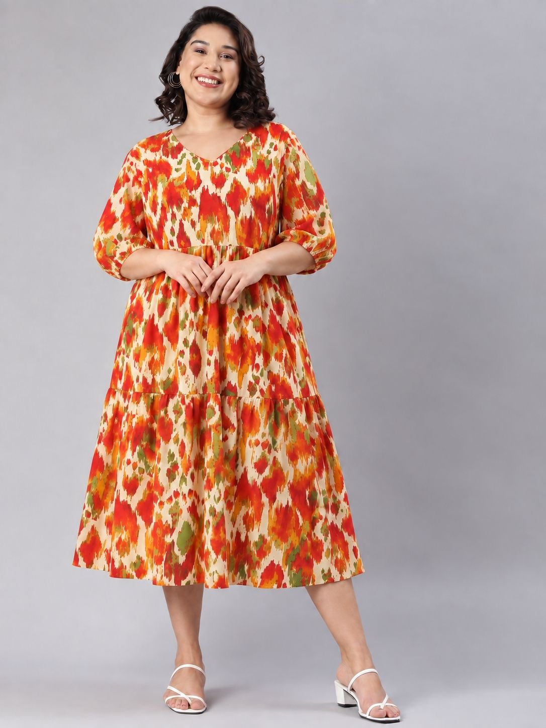 Vibrant Orange Ikat Tiered Maxi Dress