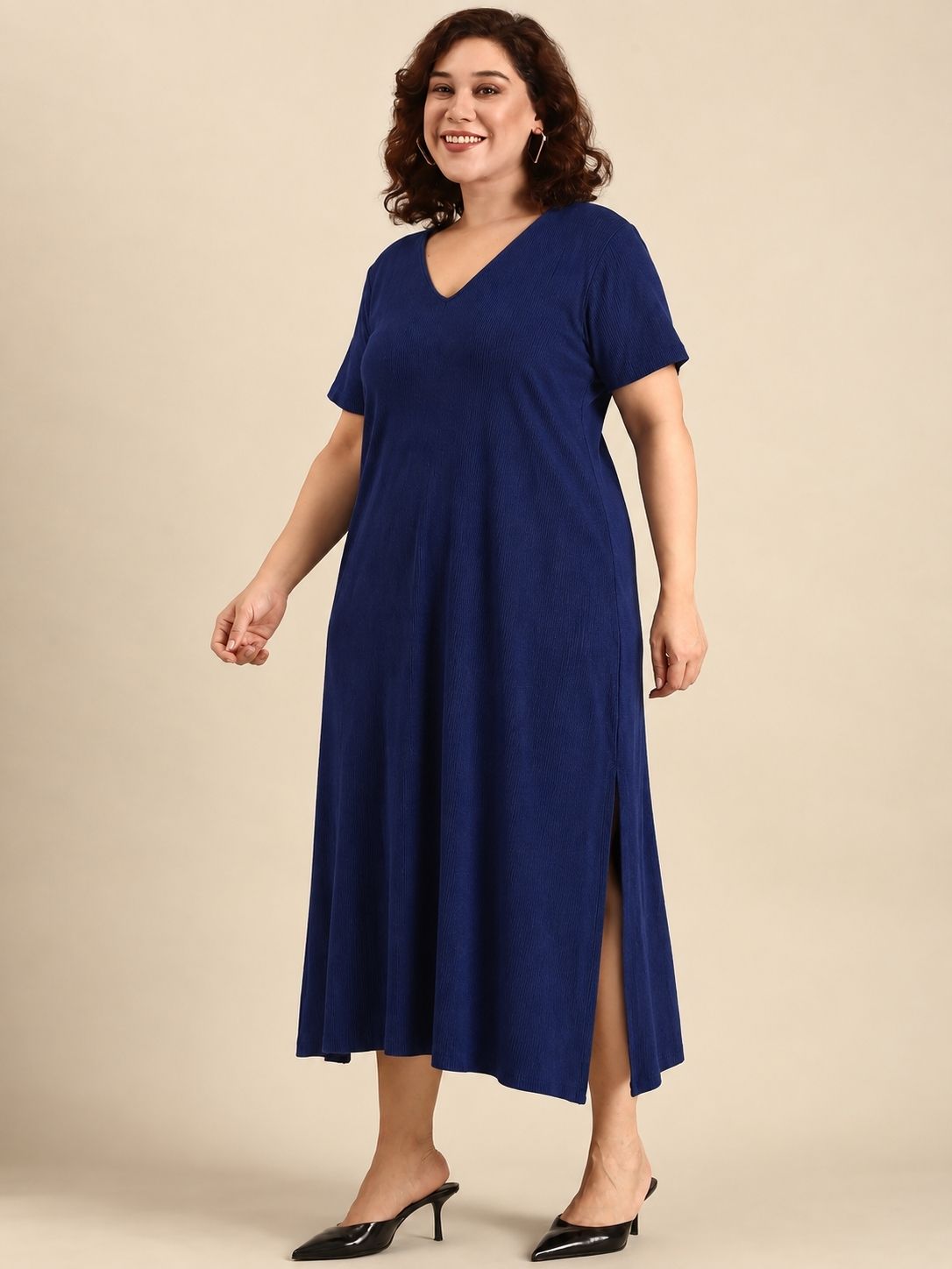 Navy Rib Cotton A-Line Dress
