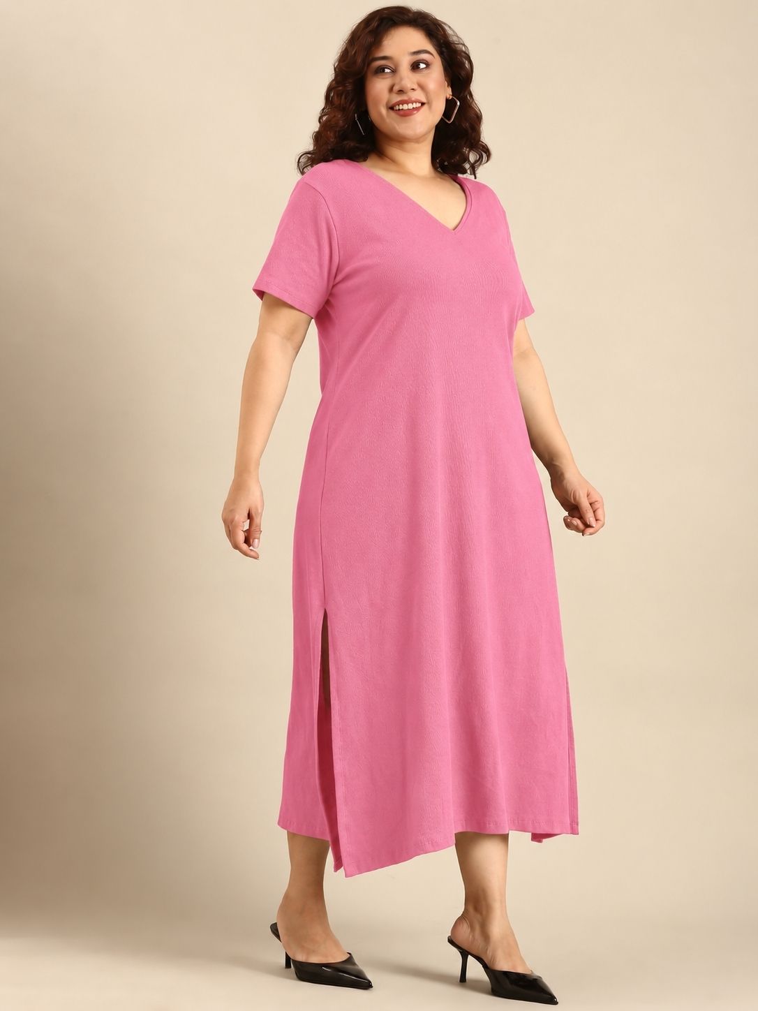 Pink Rib Cotton A-Line Dress