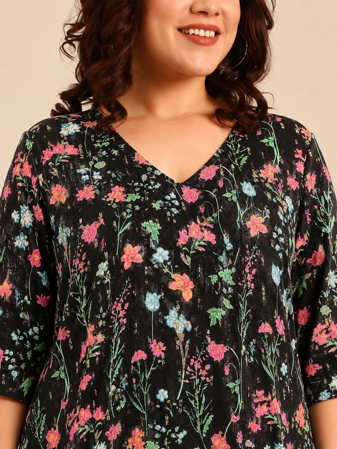 Black Floral Printed A-Line Midi Dress