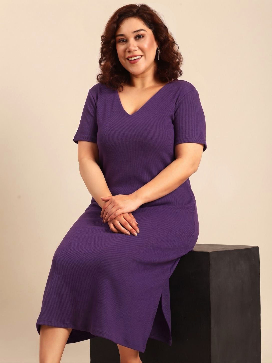 Purple Rib Cotton A-Line Dress