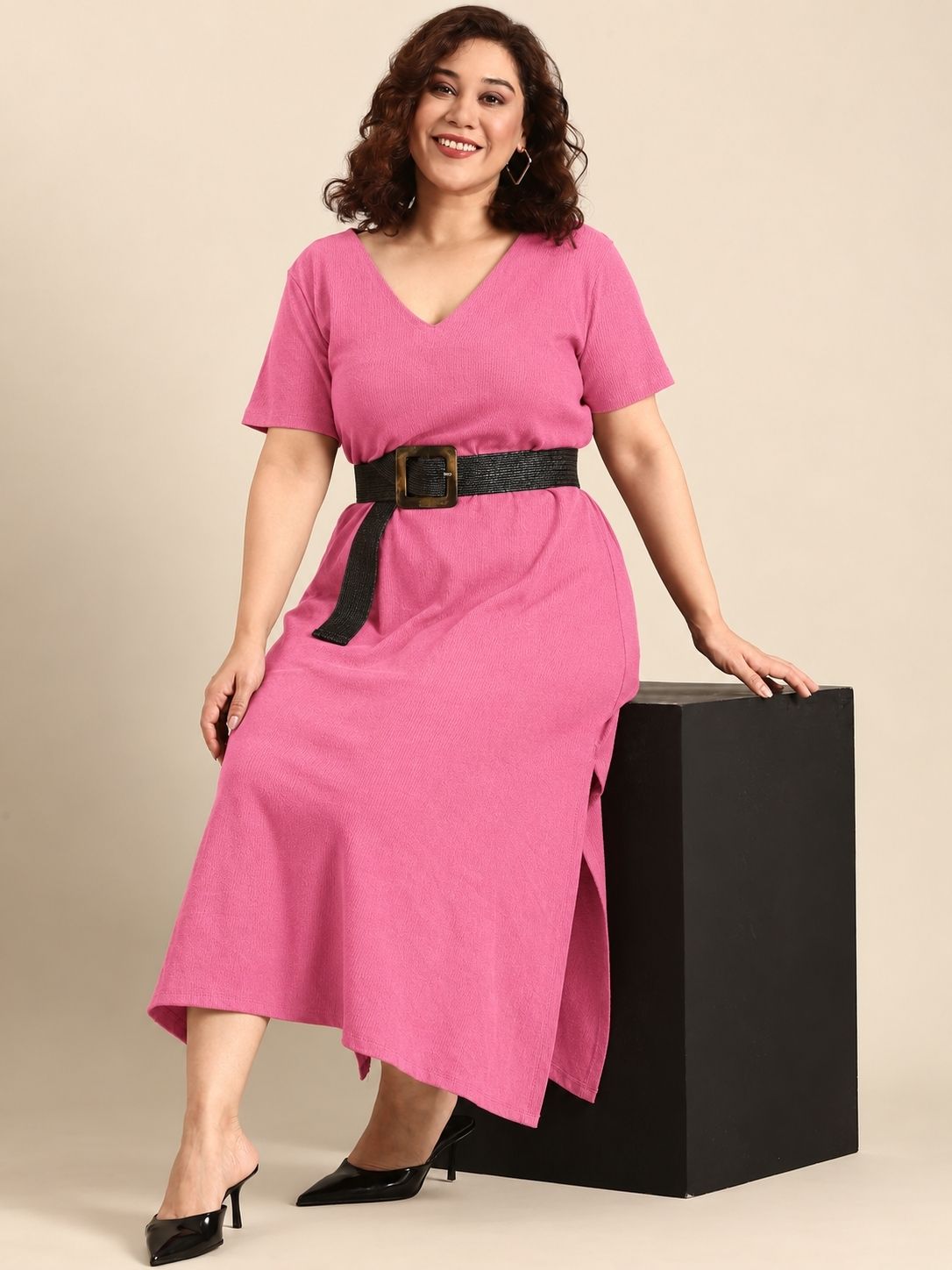 Pink Rib Cotton A-Line Dress