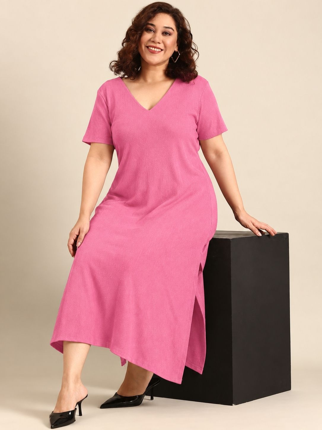Pink Rib Cotton A-Line Dress