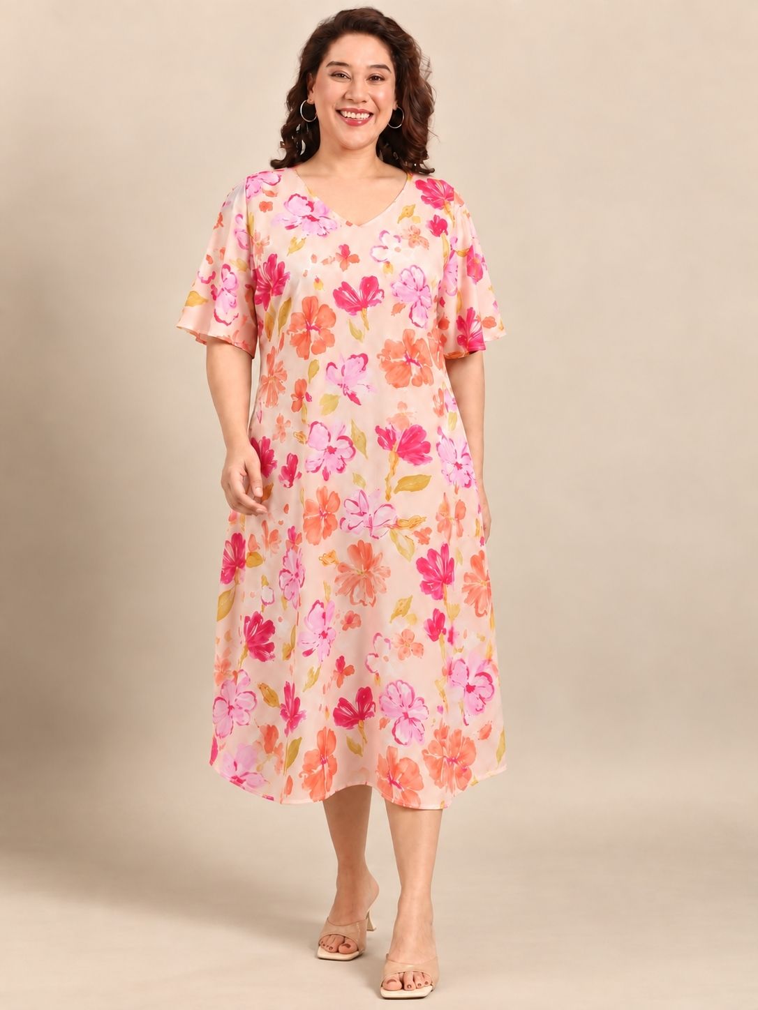 Light Pink Floral A-Line Midi Dress