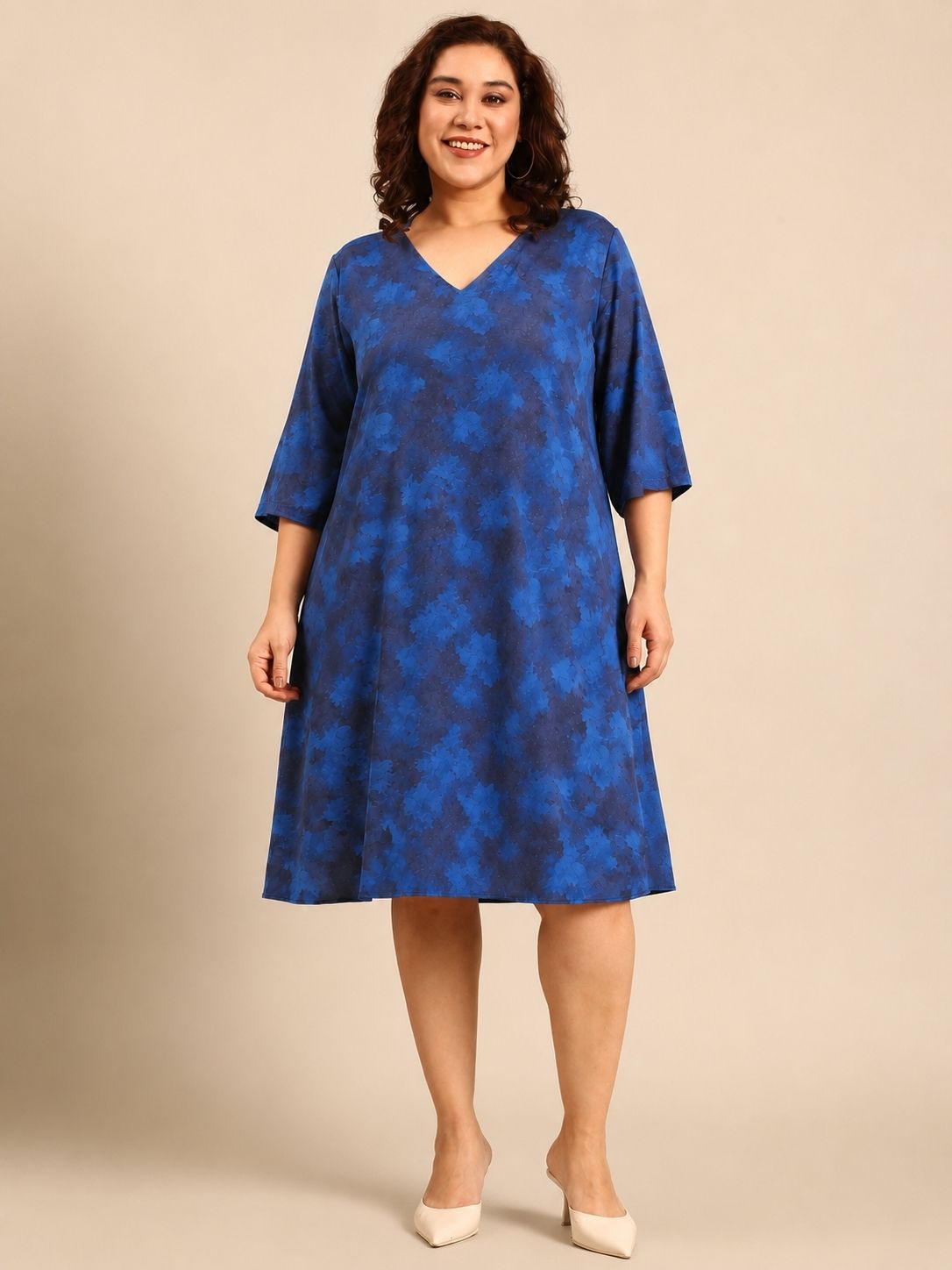 Blue Printed V-Neck A-Line Midi Dress