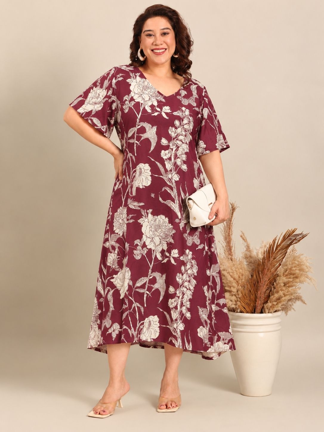 Maroon Floral V-Neck A-Line Midi Dress