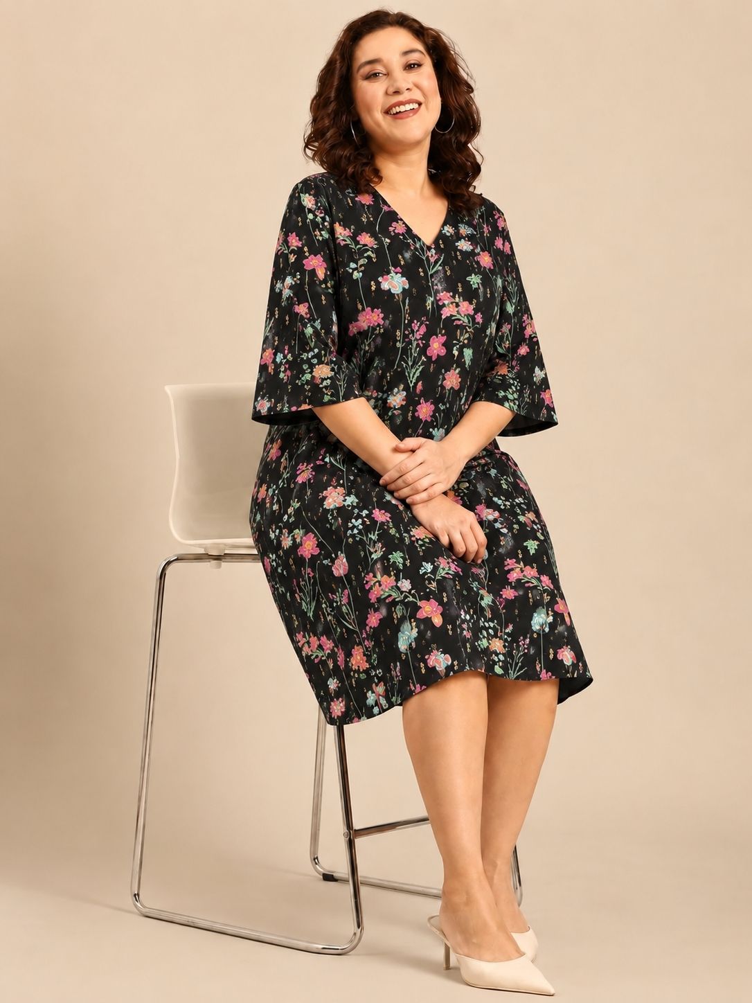 Black Floral Printed A-Line Midi Dress