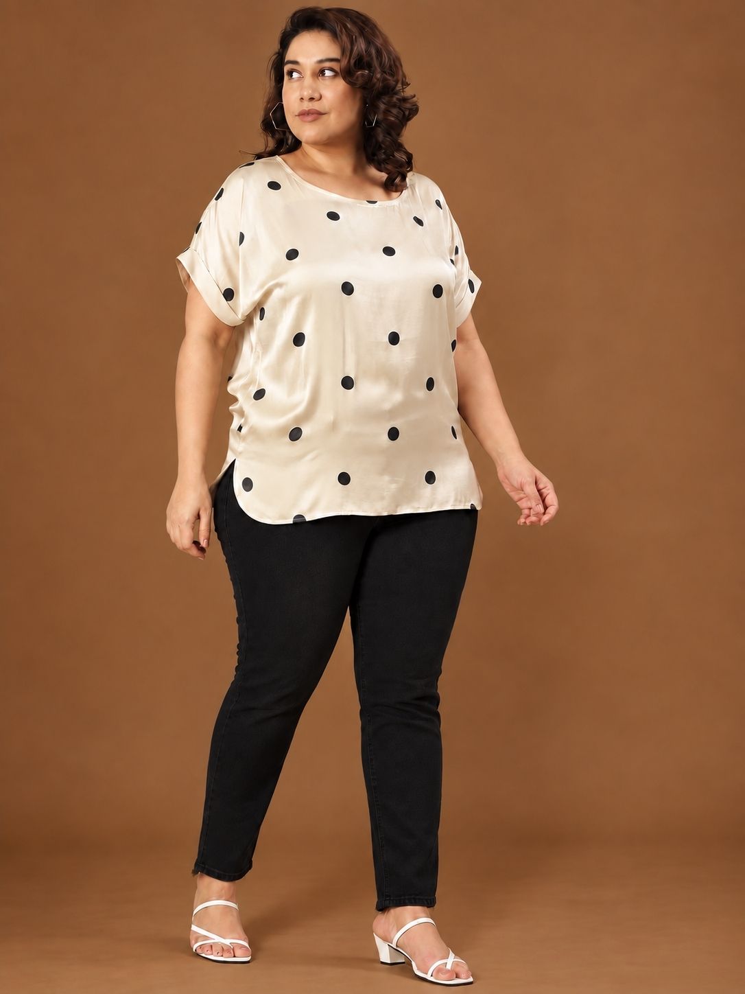 Satin Polka Dot Drop Shoulder Top