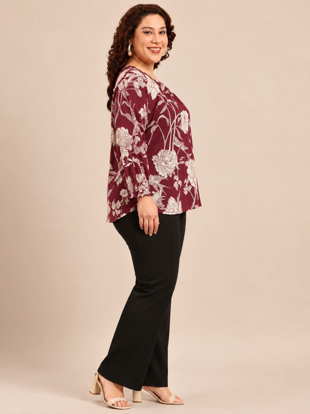 Maroon Floral Smocked Cuff Top