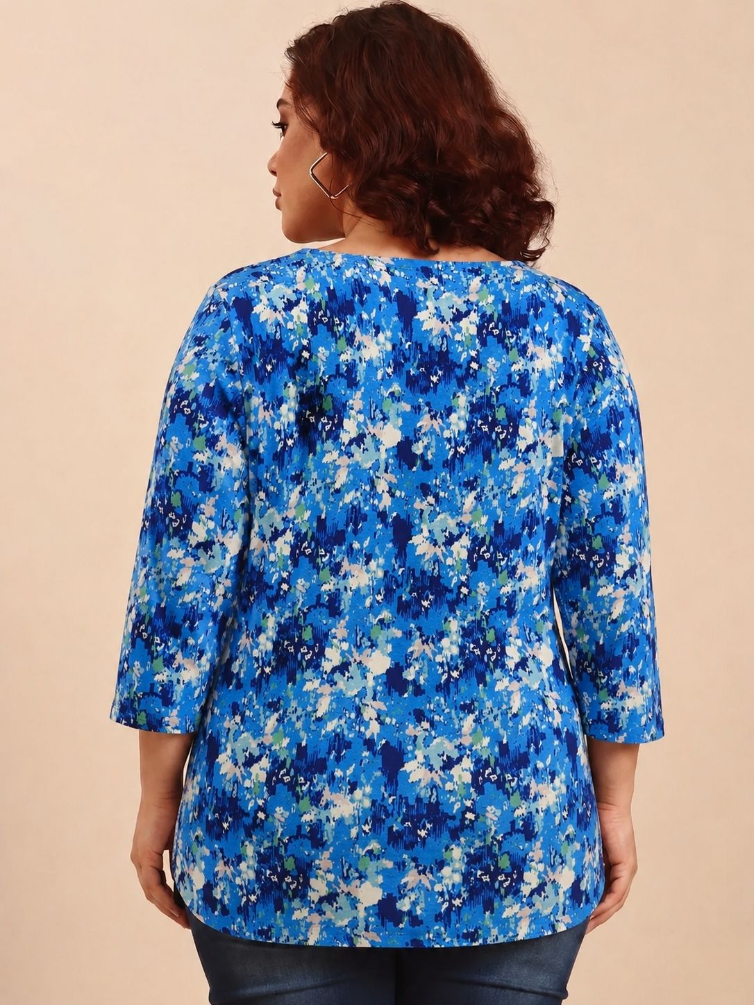 Blue Abstract Floral Print V-Neck T-Shirt