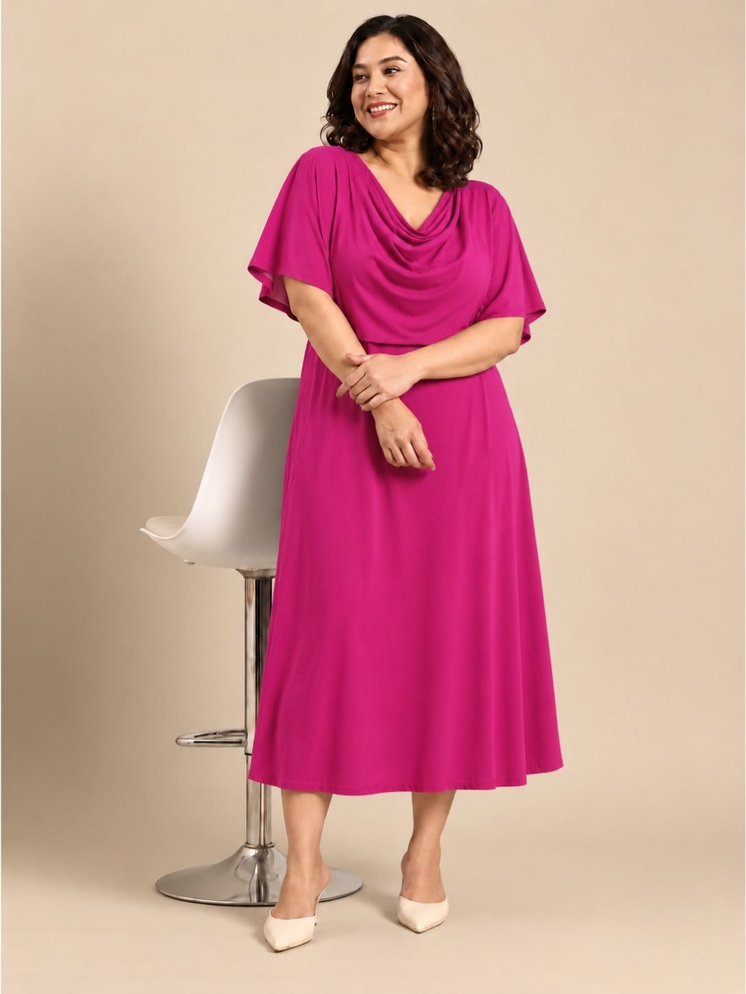 Pink Cowl Neck Midi Dress
