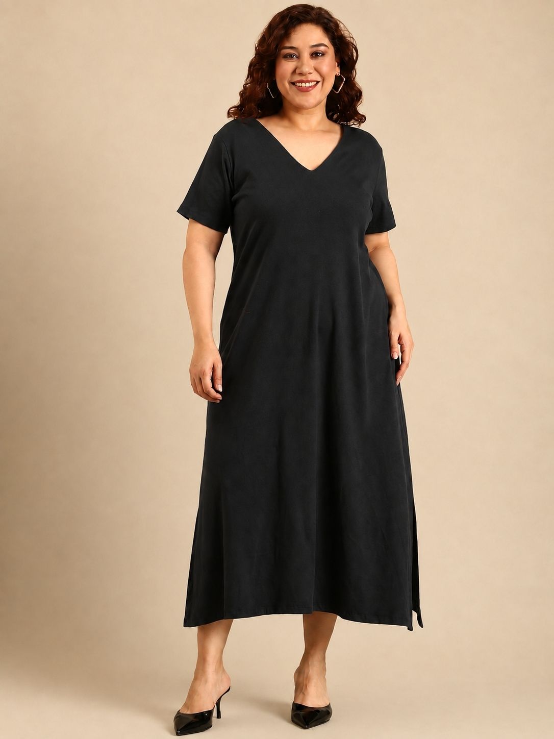 Black Cotton V-Neck Maxi Dress