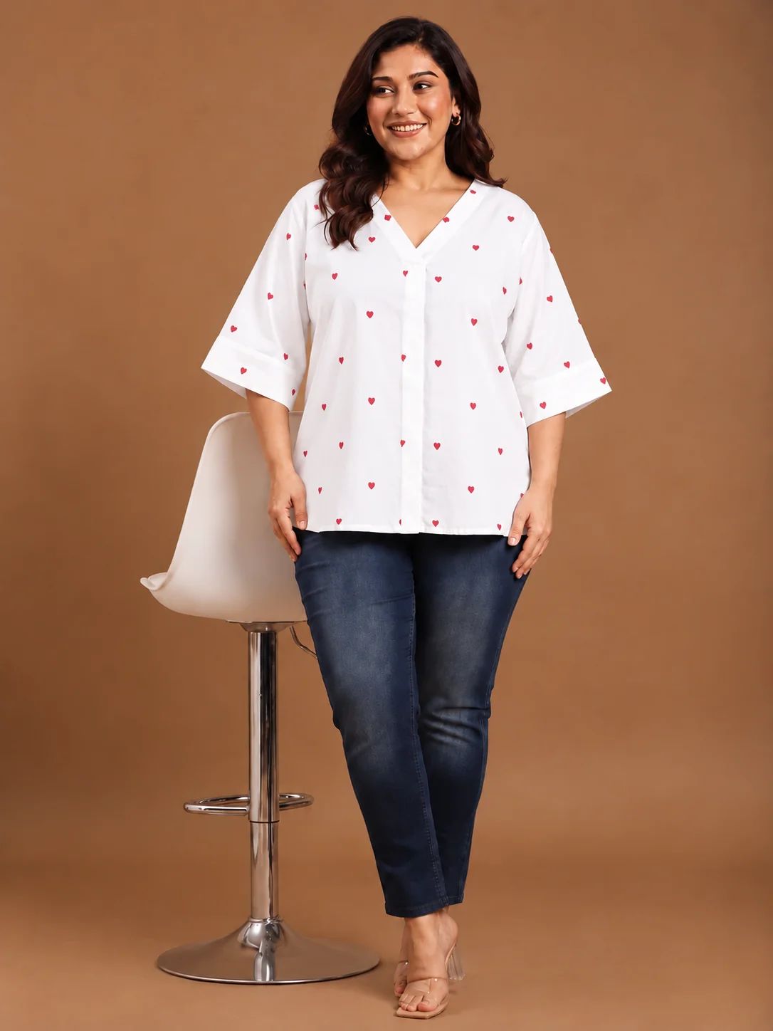 White Heart Embroidered Drop Shoulder Top