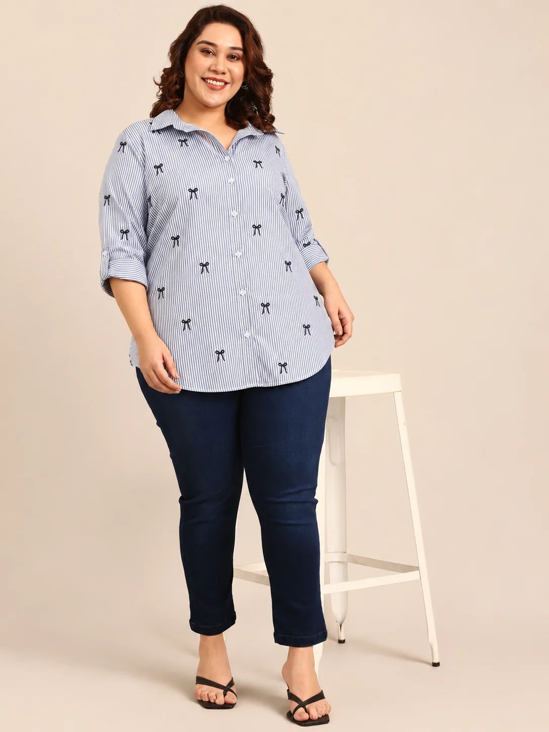 Blue Striped Button Down Shirt with Bow Embroidery