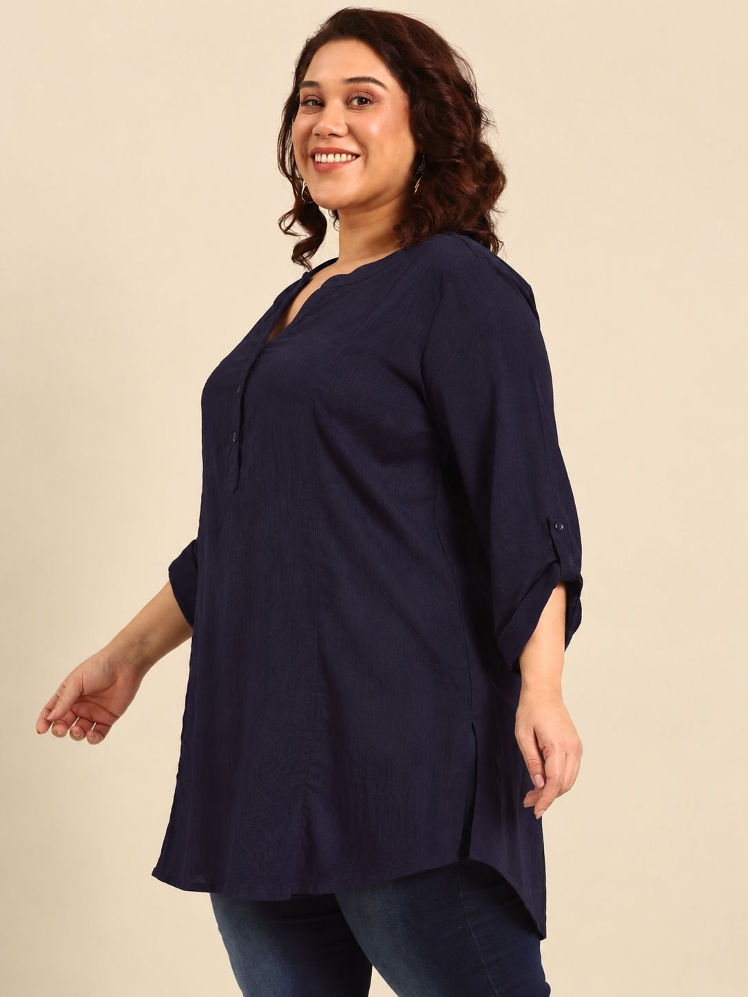 Navy Blue Solid V-Neck Tunic
