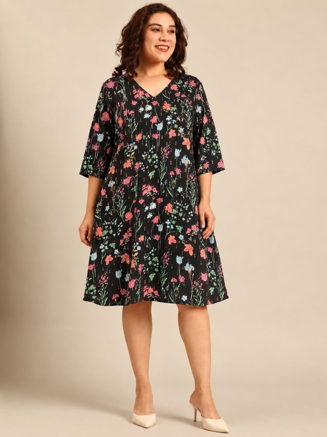 Black Floral Printed A-Line Midi Dress