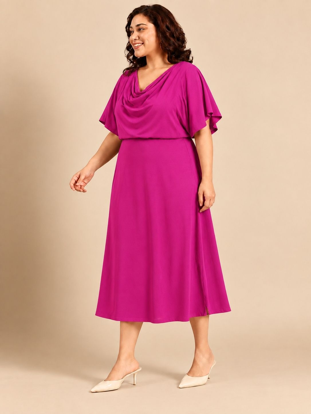Pink Cowl Neck Midi Dress