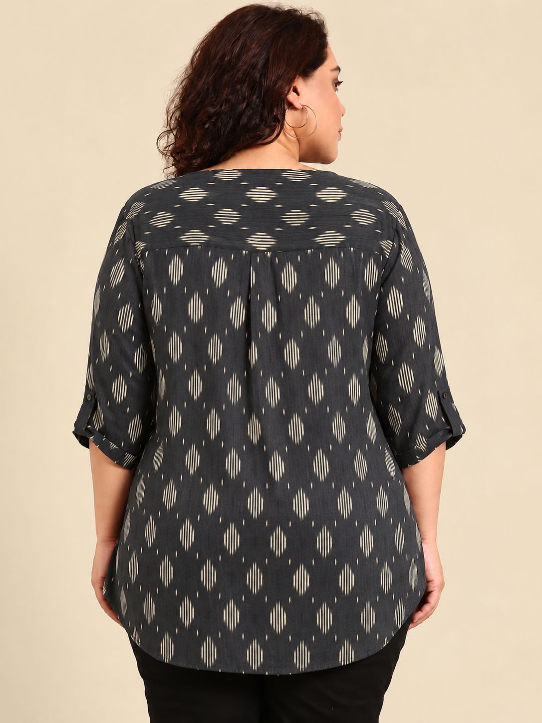 Black Cotton Ikat Print V-Neck Top