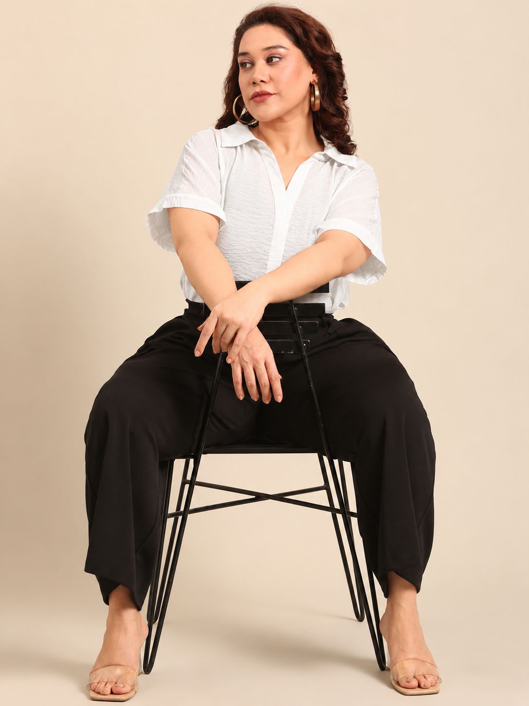 White Collar Neck Drop Shoulder Top