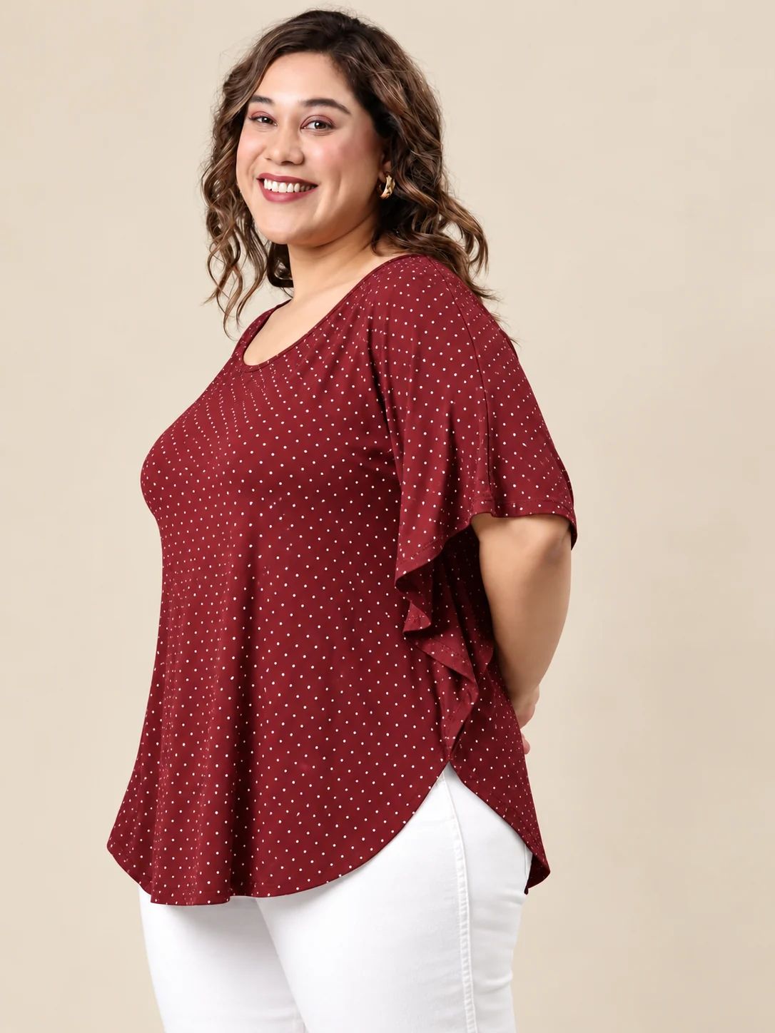Maroon Mini Polka Dot Kaftan Top