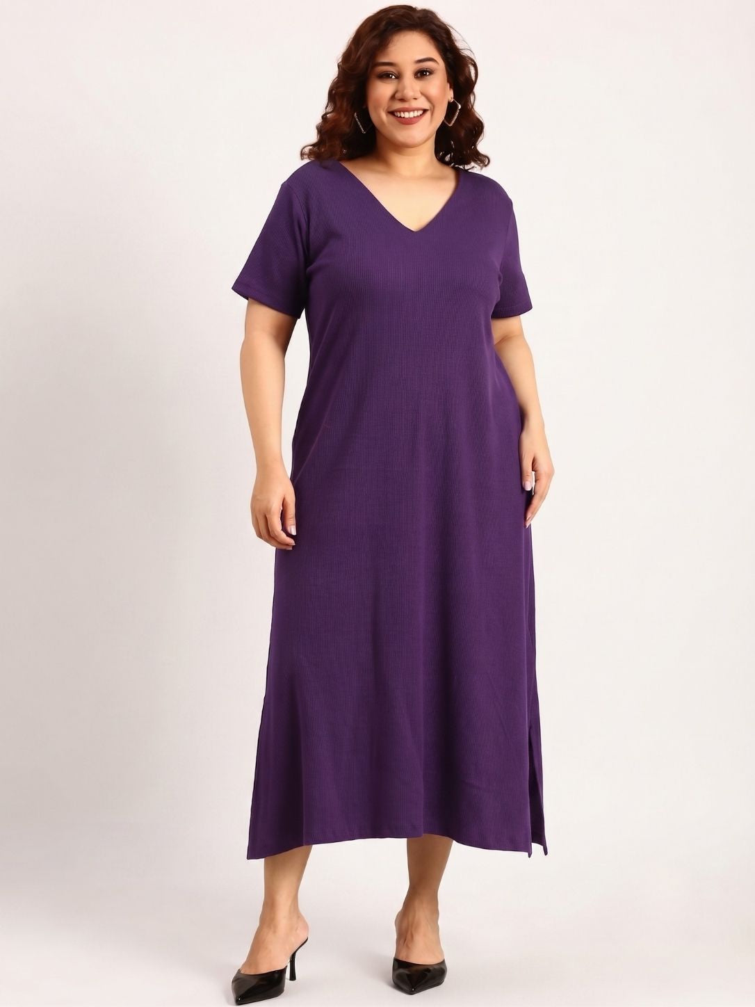 Purple Rib Cotton A-Line Dress