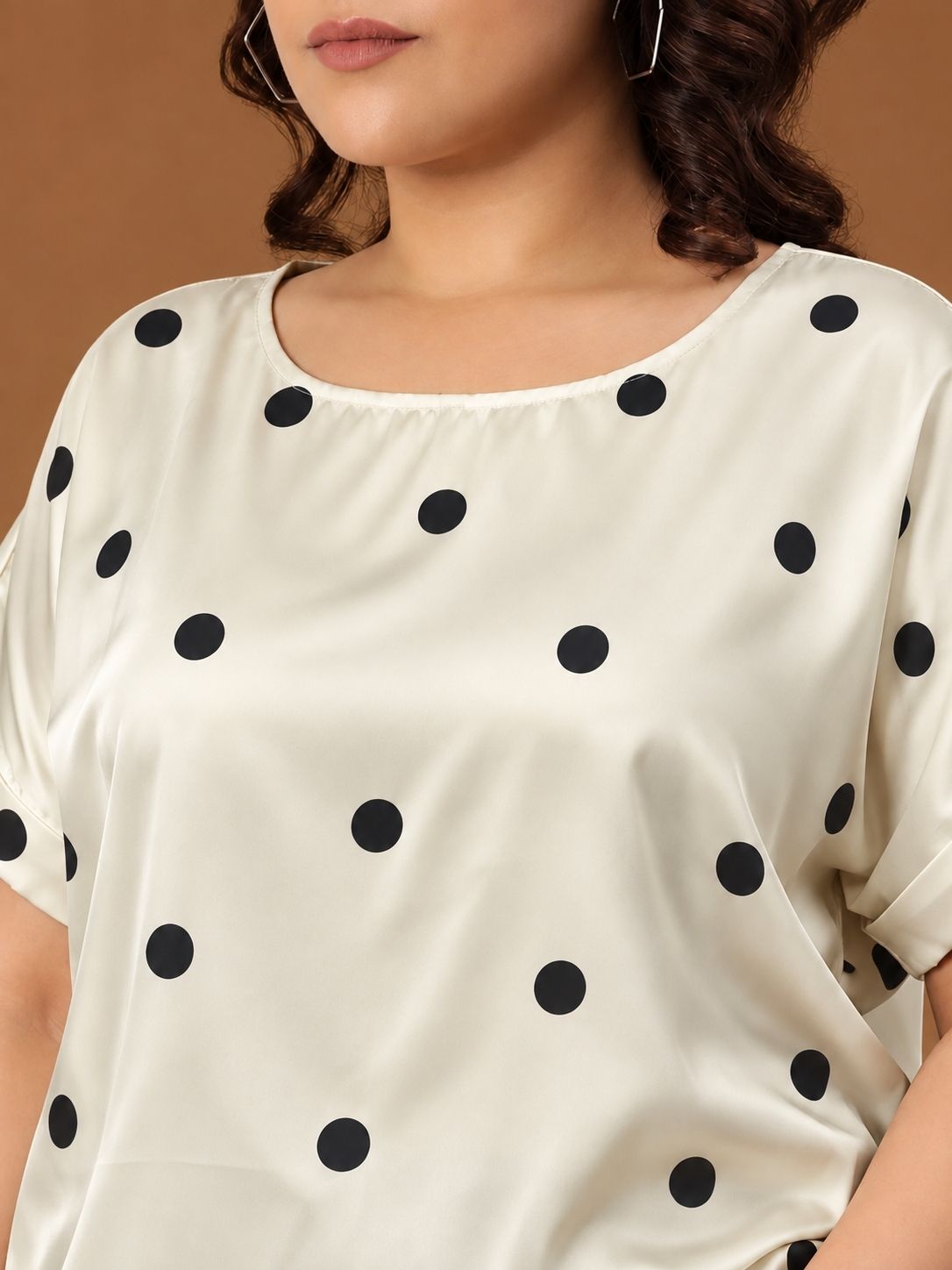 Satin Polka Dot Drop Shoulder Top
